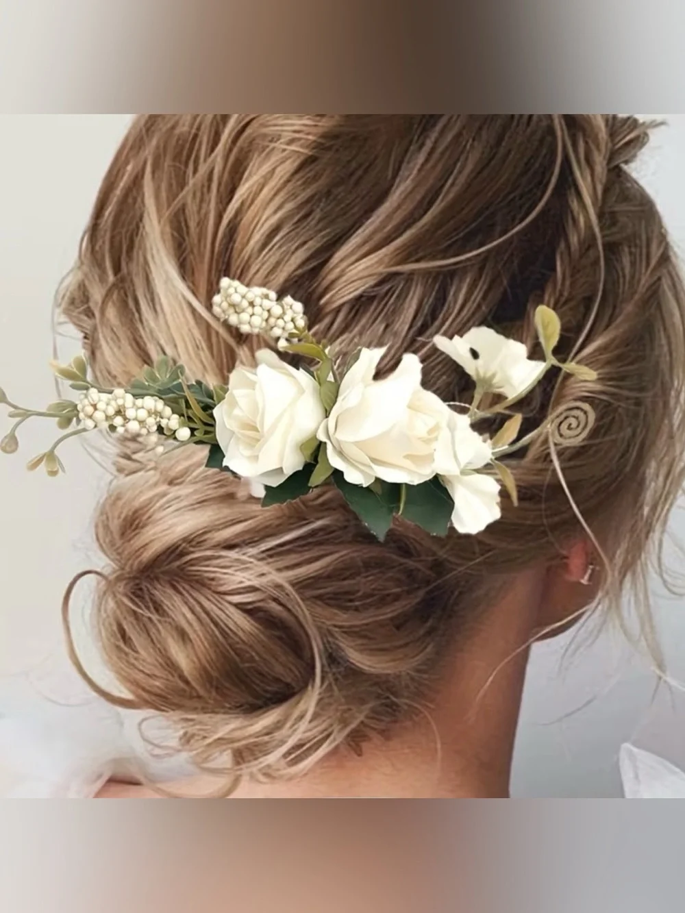 Cream Floral Hair Comb with Green Leaves